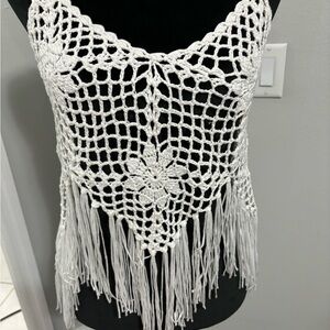 White Crochet Fringe Women Top